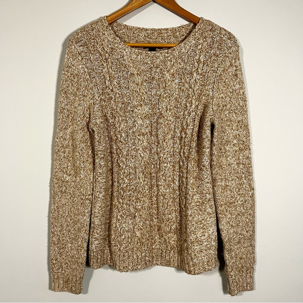 Tommy Hilfiger Oatmeal Crew Cable Knit Women’s Sweater Elbow Patches Size M